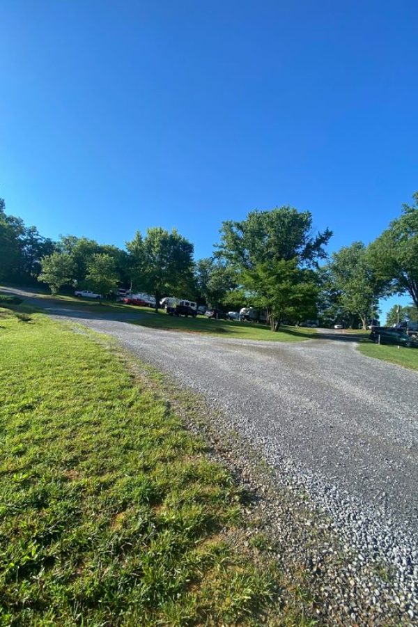 Gravel campground road lined with grass leading to RV sites at Lazy Llama Campground